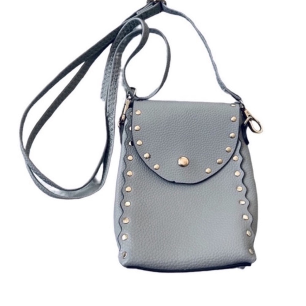 Crossbody Mini Bag Studded Faux Pebbled Leather Magnetic Flap Closure Gray Gold